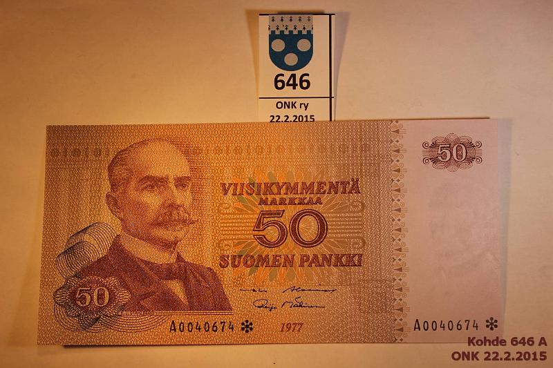 k-0646-a.jpg - Kohde 646, lhthinta: 50 € / myyntihinta: 50 € 50 mk 1977 A* SNY 171.2 A0040674* AL I-M1, rullanjlki, korvaava, kunto: 9