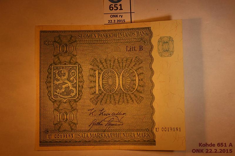 k-0651-a.jpg - Kohde 651, lhthinta: 5 € / myyntihinta: 11 € 100 mk 1945 LB SNY 180.2 U0019181 KIV-Aas, kova, siisti paperi, 2mm rep., kunto: 5