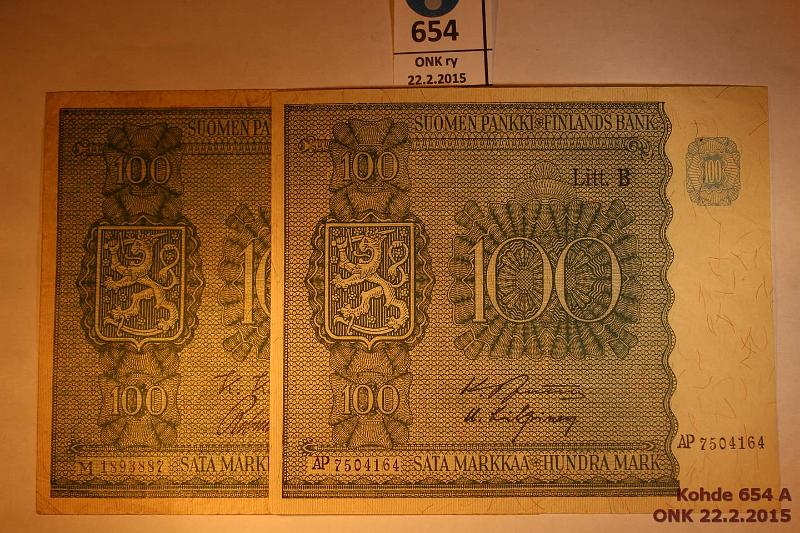 k-0654-a.jpg - Kohde 654, lhthinta: 10 € / myyntihinta: 15 € 100 mk 1945 LB (2) SNY 180.2 M1893887 KIV-Wah, AP7504164 JUT-Kil, kunto: 3,4