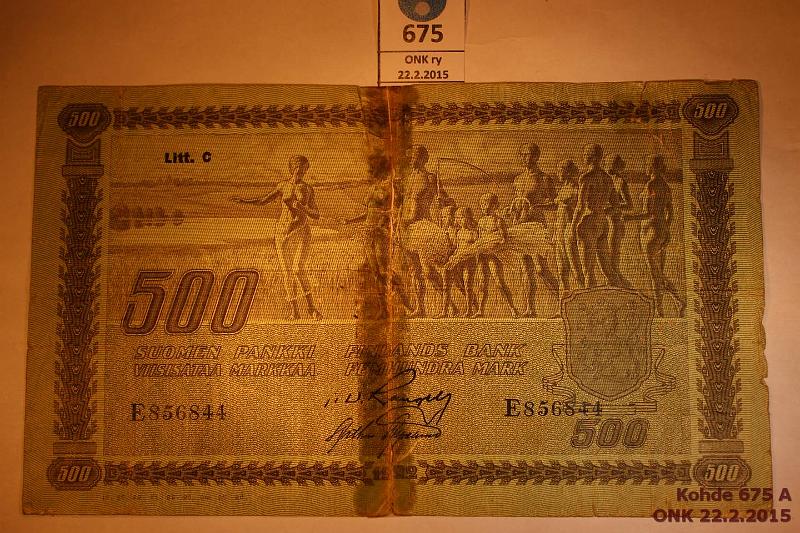 k-0675-a.jpg - Kohde 675, lhthinta: 20 € / myyntihinta: 20 € 500 mk 1922 LC II SNY 189.5 E856844 RAN-AAs, poikki keskelt, se ja toinen rep. korjattu teipill, kunto: 1