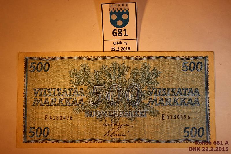 k-0681-a.jpg - Kohde 681, lhthinta: 20 € / myyntihinta: 20 € 500 mk 1956 SNY 192.1 E4180496 LEI-Sac, 2 kulmassa rasvatahra, km, kunto: 3