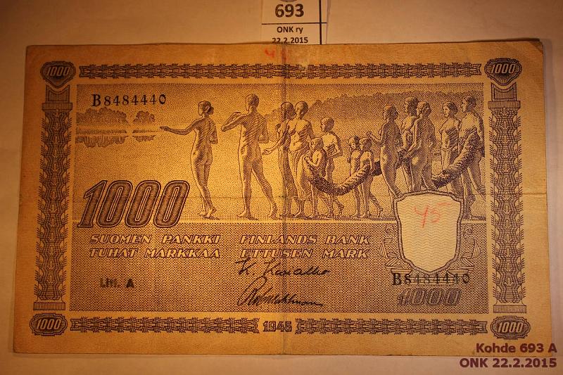 k-0693-a.jpg - Kohde 693, lhthinta: 40 € / myyntihinta: 40 € 1000 mk 1945 LA SNY 199.1 B8484440 KIV-Wah, keskireik, prep, likaa, lyijykm, kunto: 3