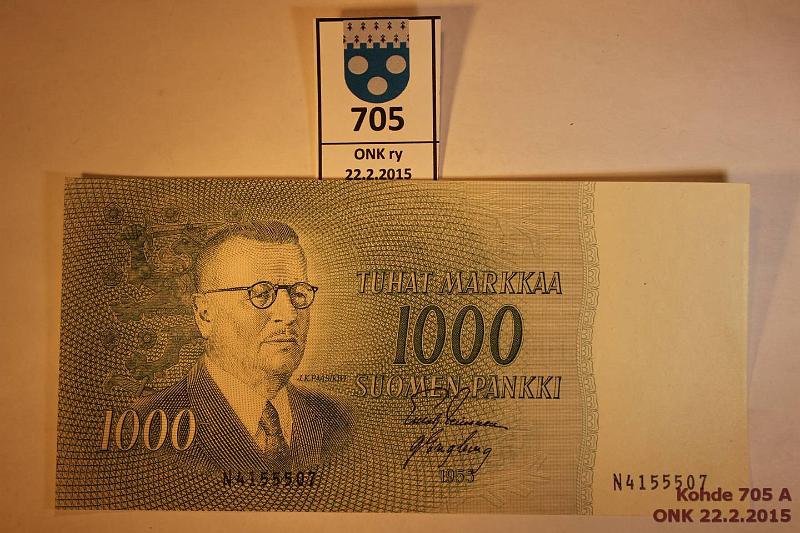 k-0705-a.jpg - Kohde 705, lhthinta: 70 € / myyntihinta: 70 € 1000 mk 1955 SNY 200.1 N4155507 LEI-Eng, vl I, muutamia painaumia, ei taitteita lpi setelin. 1mm normaalia levempi!, kunto: 7