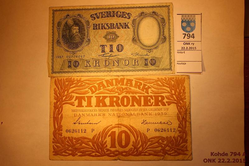 k-0794-a.jpg - Kohde 794, lhthinta: 5 € / myyntihinta: 6 € Tanska, Ruotsi 1939, 1957 P#31g, 43e Tanska 10kr P 1939, rep, keskireik; Ruotsi 10kr 1957 reunarosoa, kunto: 3