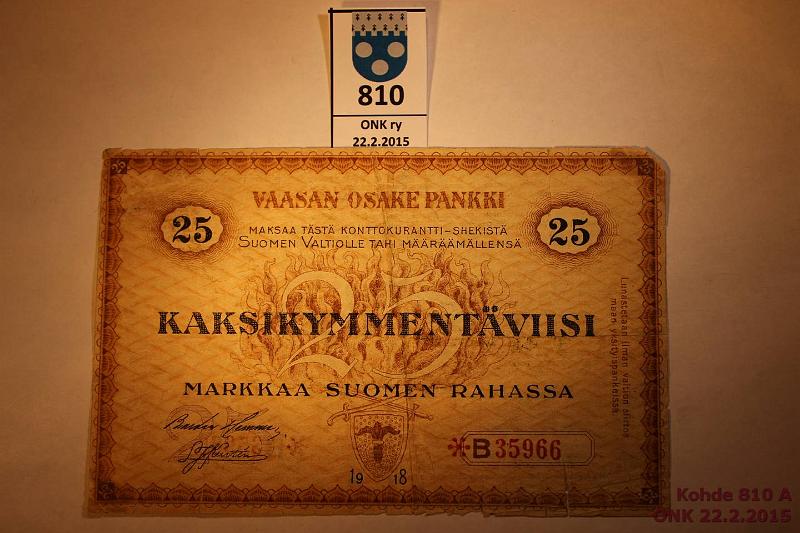 k-0810-a.jpg - Kohde 810, lhthinta: 40 € / myyntihinta: 90 € 25 mk B* 1918 SNY 212.4, Vaasan Osakepankki *B35966, rep, reunarosoa, ylkulma pyristynyt, kunto: 2