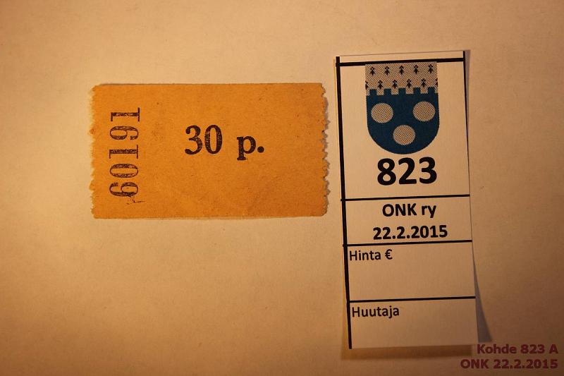 k-0823-a.jpg - Kohde 823, lhthinta: 20 € 30 p. ei vuosilukua Utajrven Osuuskauppa -tyyppinen lipuke ilman kauppahuoneen merkintj, n:o 60191, kunto: 5