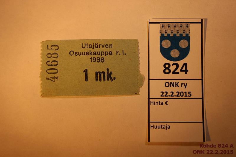 k-0824-a.jpg - Kohde 824, lhthinta: 20 € / myyntihinta: 20 € 1 mk. 1938 Utajrven Osuuskauppa r.l. n:o 40685, kunto: 7