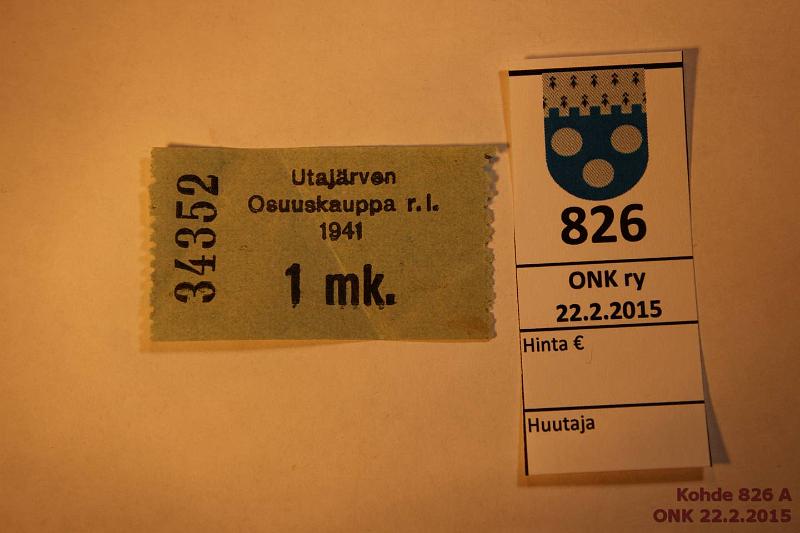 k-0826-a.jpg - Kohde 826, lhthinta: 20 € 1 mk. 1941 Utajrven Osuuskauppa r.l. n:o 34352, kunto: 5