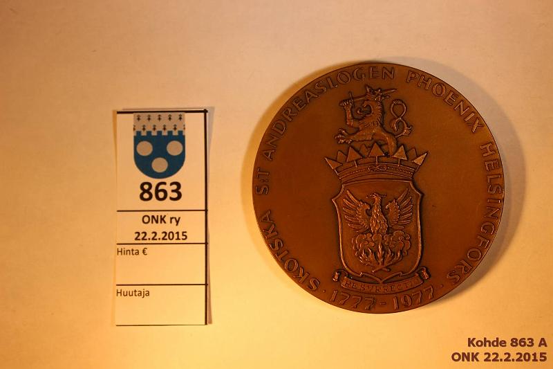 k-0863-a.jpg - Kohde 863, lhthinta: 10 € Mitali 1977 Br, 65mm. Skotska St Andreaslogen Phoenix Helsingfors 1777-1977. BL, kunto: 8