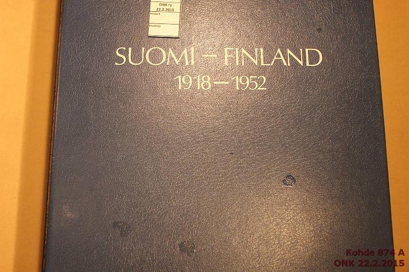 k-0874-a.jpg - Kohde 874 (kuva 1/2), lhthinta: 80 € / myyntihinta: 80 € Borg II 1917-1952 Hyvkuntoinen Erkki Borgin II kansio, jossa 156 itsenisyyden alun rahaa. Pahviset suojakannet. Lhes kaikki kansiopaikkojen 1p-20mk rahat lytyvt. Puuttuvia: 5p 1918 KV; 1mk 1921-24, 1949 Cu; 5mk 1928, 29; 20mk 1931, 32 ja kulta- sek hopearahat. Sis. mys 1mk 1953 FeNi (varmistettu rtg-fluorometrill aidoksi), kunto: 5-7, kansio 9