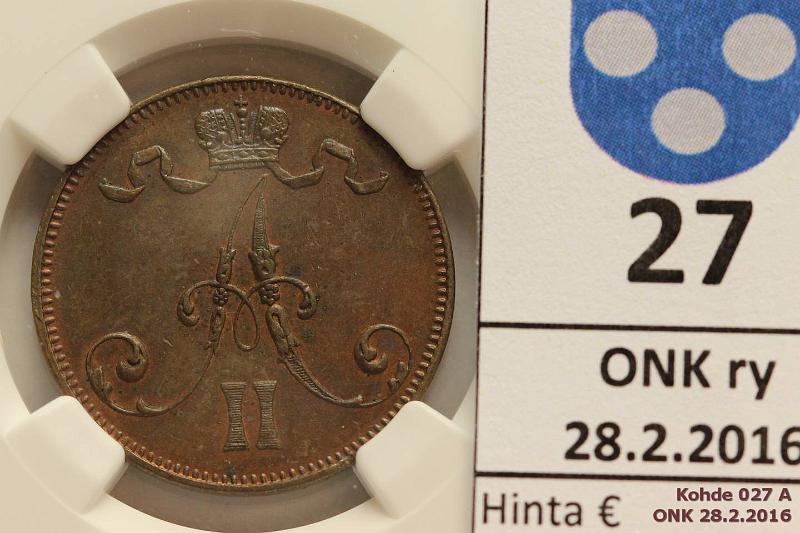 k-0027-a.jpg - Kohde 27 (kuva 1/2), lhthinta: 150 € 5 p 1875 NGC kotelossa MS 58, hieman leimakiiltoa, kaunis, kunto: 7