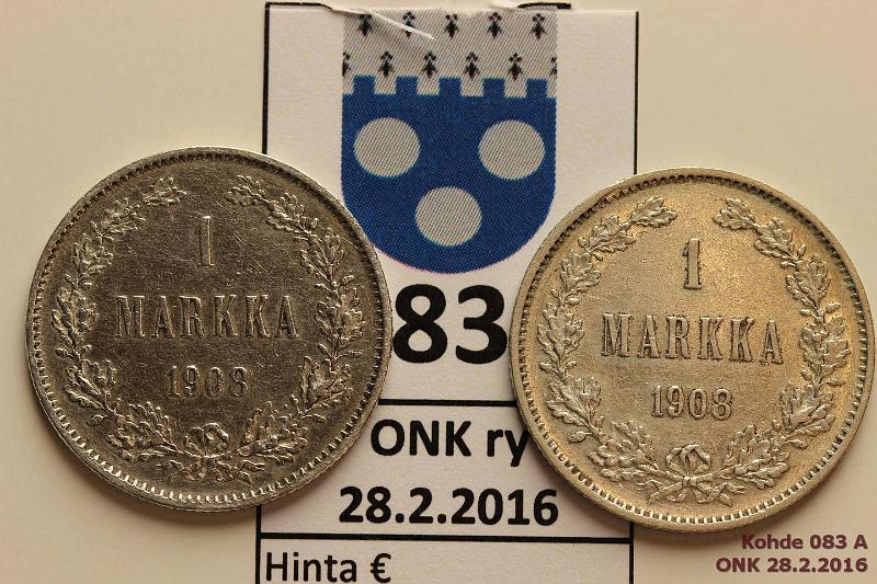 k-0083-a.jpg - Kohde 83, lhthinta: 15 € / myyntihinta: 40 € 1 mk 1908 (2) Ag, toinen lpuhd, kunto: 7