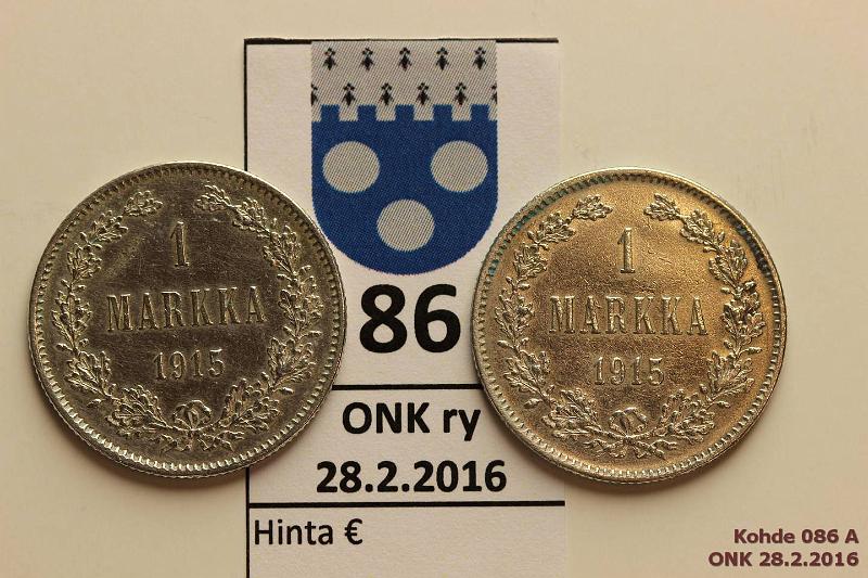 k-0086-a.jpg - Kohde 86, lhthinta: 15 € / myyntihinta: 21 € 1 mk 1915 (2) Ag, leimakiiltoa, hnja, S:t eri kohdissa, kunto: 7