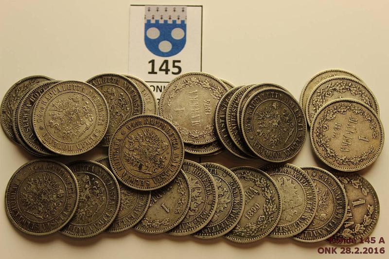 k-0145-a.jpg - Kohde 145, lhthinta: 150 € / myyntihinta: 205 € 1 mk 1865-1908 (31) Ag, 1865(2), 66(4), 67, 74(9), 90(8), 92(2), 93(3), 1907, 08, kunto: 3-6