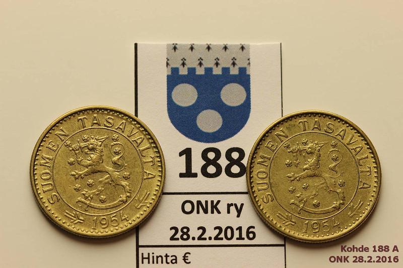 k-0188-a.jpg - Kohde 188, lhthinta: 20 € / myyntihinta: 26 € 20 mk 1954 (2) SNY 626.2. tavallinen ja toisessa leijonan ksivarsi poikki, varianttikirjat eivt tunnista tt, phpja, leimakiiltoa, kunto: 8, 7