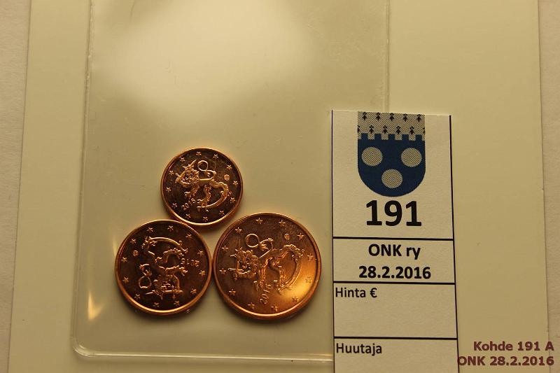 k-0191-a.jpg - Kohde 191, lhthinta: 10 € 1 - 5 c 2015 (3) Suomi 1, 2, 5c rullista, pieni painos, kunto: 9