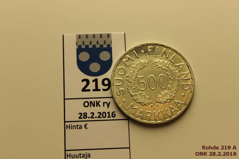 k-0219-a.jpg - Kohde 219 (kuva 1/2), lhthinta: 10 € / myyntihinta: 18 € 500 mk 1952 Ag, hnja, erittin kaunis!, kunto: 8