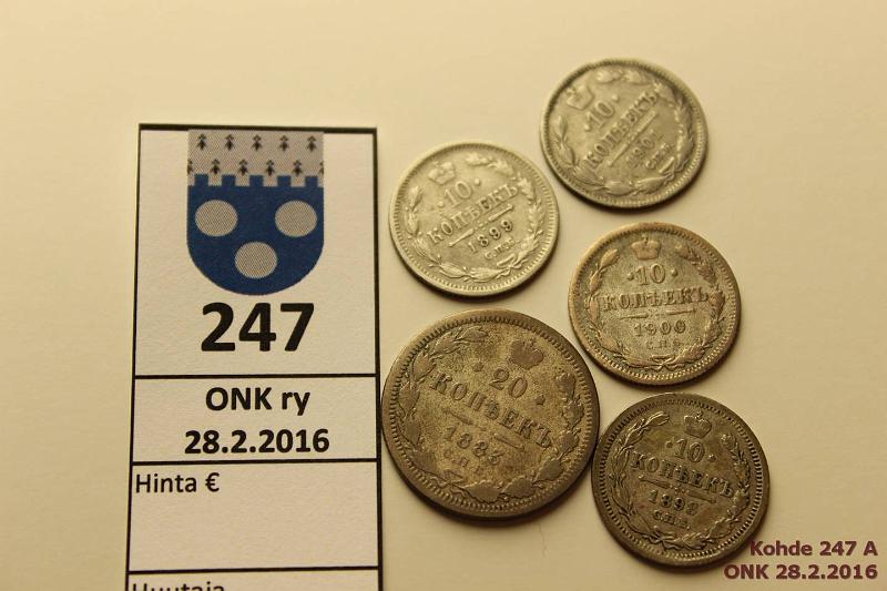 k-0247-a.jpg - Kohde 247, lhthinta: 10 € / myyntihinta: 10 € 10-20 kop (5) 1883-1901 Ag, 10k 1898, 99, 1900, 01; 20k 1883 СПБ, kunto: 2-5