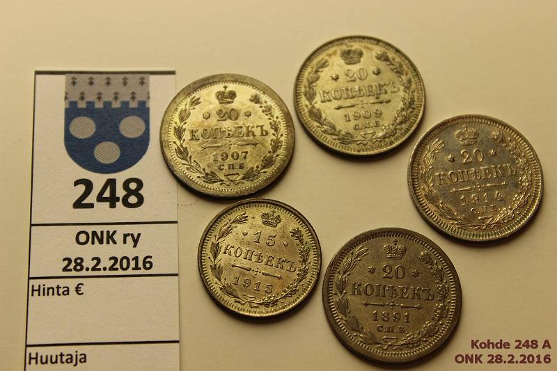 k-0248-a.jpg - Kohde 248, lhthinta: 10 € / myyntihinta: 26 € 15-20 kop (5) 1891-1915 Ag, 15k 1915; 20k 1891, 1907, 09, 14 СПБ, kunto: 6-8