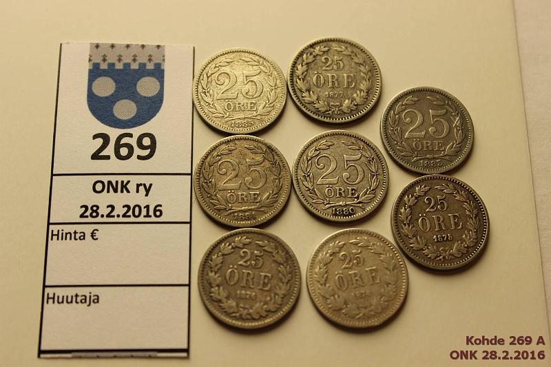 k-0269-a.jpg - Kohde 269, lhthinta: 25 € / myyntihinta: 38 € 25 re (8) 1874-85 Ag, 1874, 75, 76, 77, 80, 81, 83, 85, kunto: 3-4