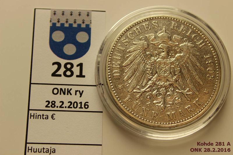 k-0281-a.jpg - Kohde 281 (kuva 1/2), lhthinta: 12 € / myyntihinta: 22 € Saksa 5 mark 1903A KM#523 Ag, 27,8g/900, Wilhelm II, Preussi, puhd, kapseli, kunto: 5/6