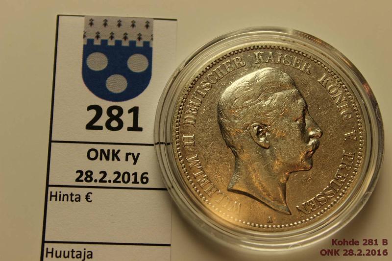 k-0281-b.jpg - Kohde 281 (kuva 2/2), lhthinta: 12 € / myyntihinta: 22 € Saksa 5 mark 1903A KM#523 Ag, 27,8g/900, Wilhelm II, Preussi, puhd, kapseli, kunto: 5/6