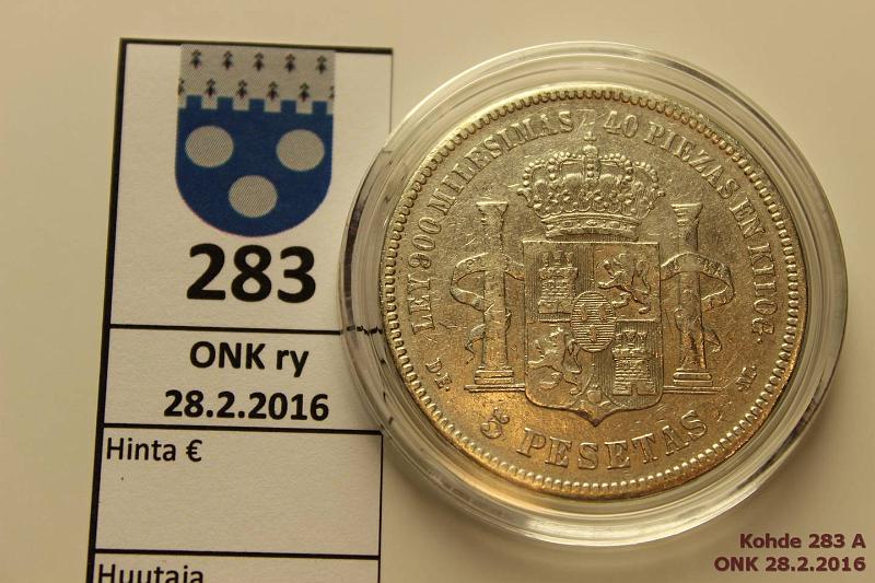 k-0283-a.jpg - Kohde 283, lhthinta: 12 € / myyntihinta: 16 € Espanja 5 pesetas 1876 KM#671 Ag, 25g/900, puhd, kapseli, kunto: 6/5