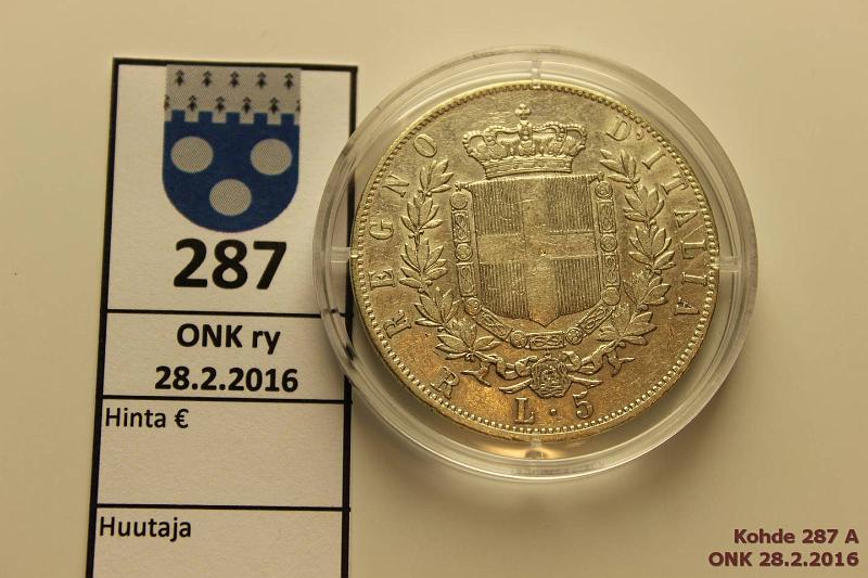 k-0287-a.jpg - Kohde 287 (kuva 1/2), lhthinta: 12 € / myyntihinta: 16 € Italia 5 lira 1875 KM#8.3 Ag, 25g/900, Viktor Emanuel II, puhd, kapseli, kunto: 5