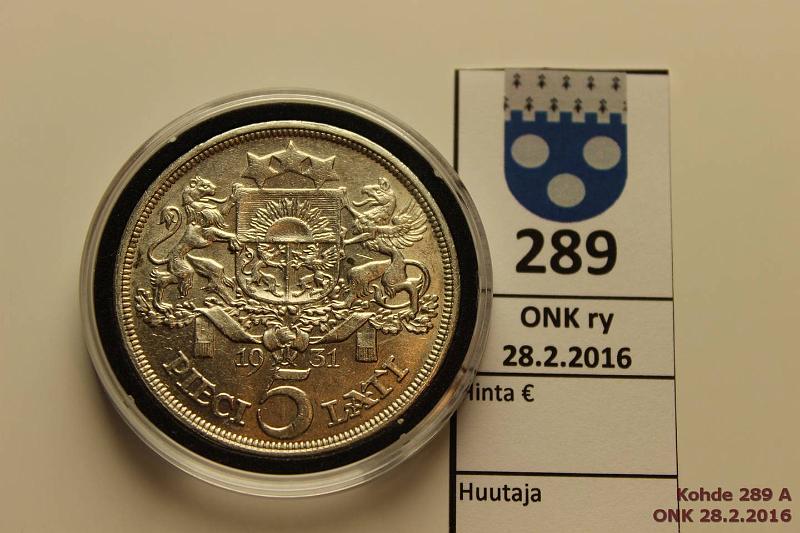 k-0289-a.jpg - Kohde 289 (kuva 1/2), lhthinta: 15 € / myyntihinta: 19 € Latvia 5 lati 1931 KM#9 Ag, 25g/835, puhd, hnja, kapseli, kunto: 7