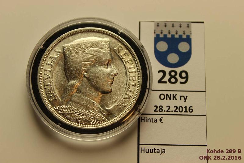 k-0289-b.jpg - Kohde 289 (kuva 2/2), lhthinta: 15 € / myyntihinta: 19 € Latvia 5 lati 1931 KM#9 Ag, 25g/835, puhd, hnja, kapseli, kunto: 7