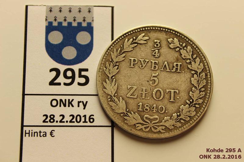 k-0295-a.jpg - Kohde 295 (kuva 1/2), lhthinta: 20 € / myyntihinta: 20 € Puola 5 zloty -  rupla 1840 C#133 Ag, MW, Warsav mint, kunto: 3