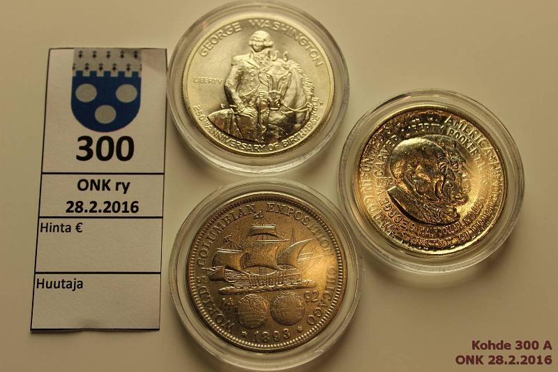 k-0300-a.jpg - Kohde 300, lhthinta: 15 € / myyntihinta: 17 € USA  d (3) 1893-1982 Ag, 1893 Columbian Expo nja, 1952 Carver, -82 Washington, kapselit, kunto: 5, 7,9