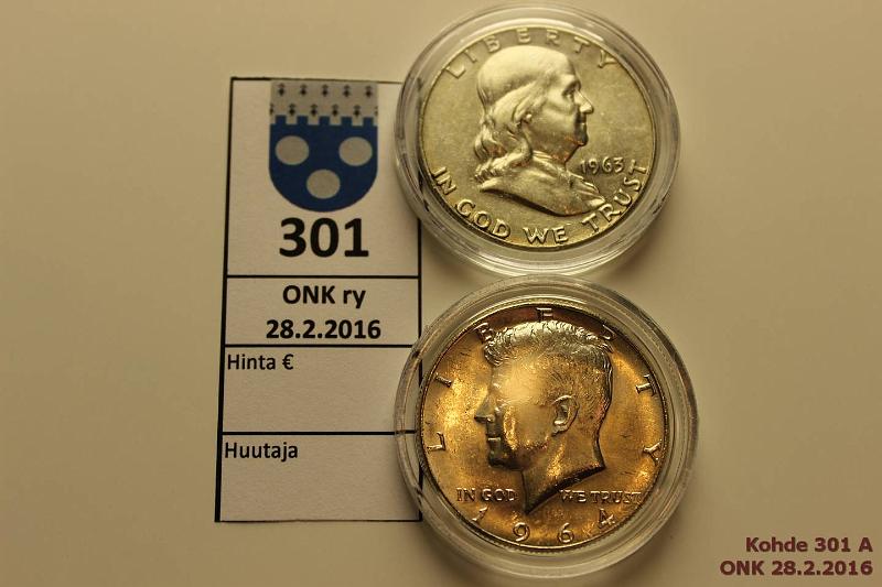 k-0301-a.jpg - Kohde 301, lhthinta: 5 € / myyntihinta: 6 € USA +1 d (2) 1963, 64 Ag, D 1963 Franklin, yp., -64 Kennedy, kapselit, kunto: 7, 9