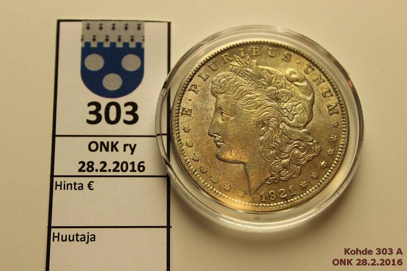 k-0303-a.jpg - Kohde 303, lhthinta: 10 € / myyntihinta: 15 € USA 1 d 1921 KM#110 Ag, 26,73g/900, Morgan dollar, kunto: 7