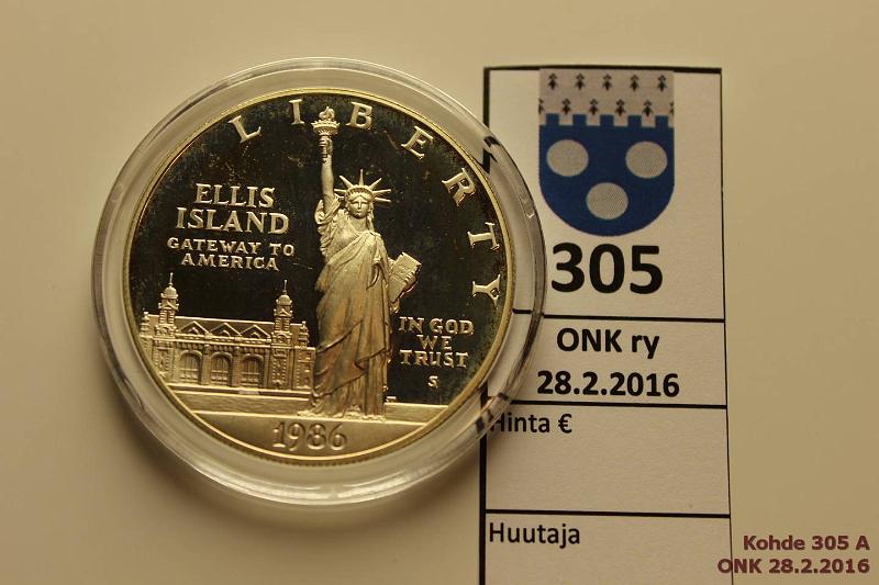 k-0305-a.jpg - Kohde 305, lhthinta: 12 € / myyntihinta: 16 € USA 1 d 1986 KM#214 Ag, proof, 26,73g/900, Ellis Island, kunto: 10