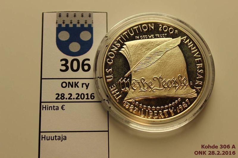 k-0306-a.jpg - Kohde 306, lhthinta: 12 € / myyntihinta: 16 € USA 1 d 1987 KM#220 Ag, proof, 26,73g/900, Constitution 200y, kunto: 10