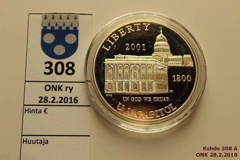 k-0308-a.jpg - Kohde 308, lhthinta: 12 € / myyntihinta: 17 € USA 1 d 2001 KM#324 Ag, proof, 26,73g/900, U.S. Capitol, kunto: 10