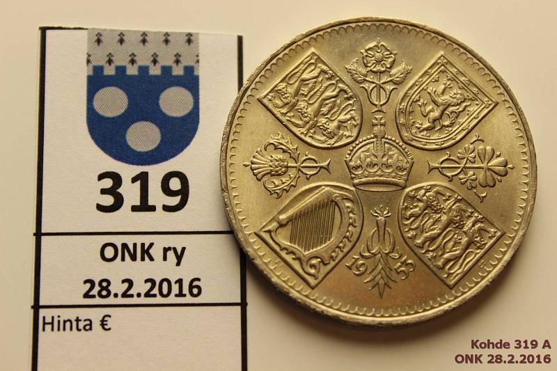 k-0319-a.jpg - Kohde 319 (kuva 1/2), lhthinta: 5 € / myyntihinta: 12 € UK 5 sch 1953 KM#894 CuNi, Elisabeth II ratsailla, hnja, kunto: 9