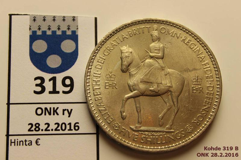 k-0319-b.jpg - Kohde 319 (kuva 2/2), lhthinta: 5 € / myyntihinta: 12 € UK 5 sch 1953 KM#894 CuNi, Elisabeth II ratsailla, hnja, kunto: 9