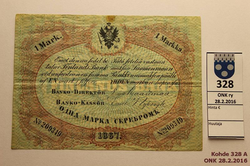 k-0328-a.jpg - Kohde 328 (kuva 1/2), lhthinta: 350 € 1 mk 1867 SNY 110 209349 HAA-Nyb, pieni rasvatahra, kunto: 4