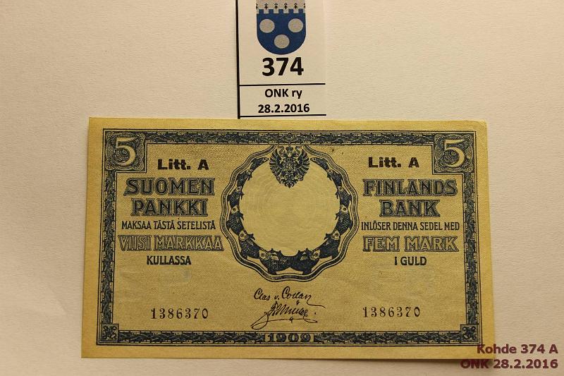 k-0374-a.jpg - Kohde 374, lhthinta: 20 € / myyntihinta: 44 € 5 mk 1909 LA SNY 130.10 1386370 COL-Ml, vesileimassa ohentuma?, likaa, kunto: 6