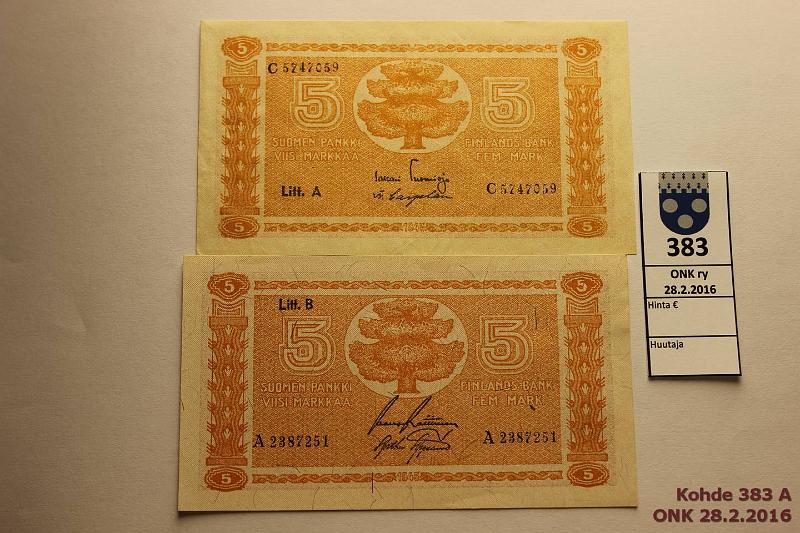 k-0383-a.jpg - Kohde 383, lhthinta: 10 € / myyntihinta: 21 € 5 mk 1945 LA, LB SNY 134.1-2 C..TUO-Car, A..RAI-AAs, kunto: 7, 8