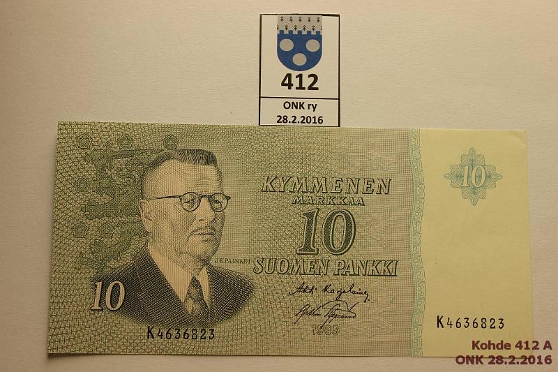 k-0412-a.jpg - Kohde 412, lhthinta: 45 € / myyntihinta: 45 € 10 mk 1963 SNY 146.2 K4636823 KA I-AAs, ei taitteita, pintaeloa, vl 2, kunto: 8