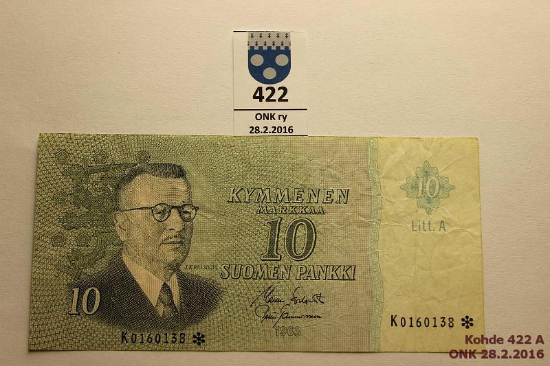 k-0422-a.jpg - Kohde 422, lhthinta: 10 € / myyntihinta: 10 € 10 mk 1963 LA K* SNY 146.7 K0160138* KO I-Tam, harv. ak pari (v), kunto: 4