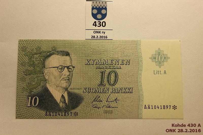 k-0430-a.jpg - Kohde 430, lhthinta: 6 € / myyntihinta: 15 € 10 mk 1963 LA A* SNY 146.7 A1041897* KO II-M1, leikkauksen kohdistusviiva, kunto: 9