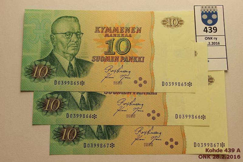 k-0439-a.jpg - Kohde 439, lhthinta: 12 € / myyntihinta: 22 € 10 mk 1980 D* (3) SNY 147.2 D0399865-7 *, KU I-Nar, 3 perkkist, kunto: 8-9