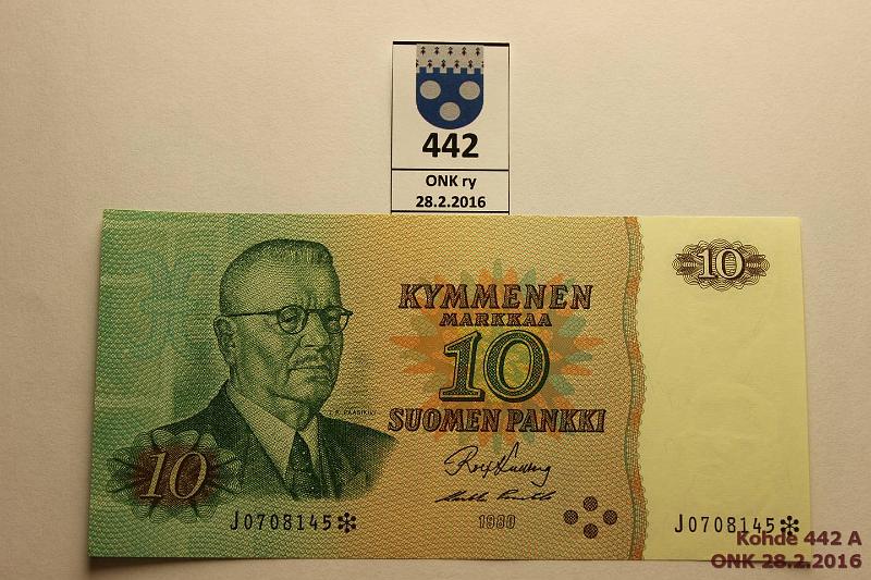 k-0442-a.jpg - Kohde 442, lhthinta: 10 € / myyntihinta: 12 € 10 mk 1980 J* SNY 147.2 J0708145* KU I-Pu 1, rullan jlki, kunto: 9