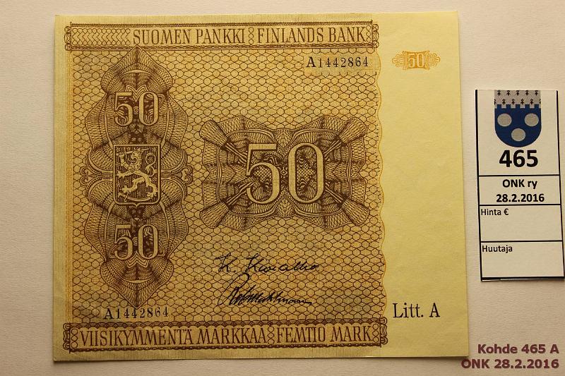 k-0465-a.jpg - Kohde 465, lhthinta: 50 € 50 mk 1945 LA SNY 169.1 A1442864 KIV-Wah, laatta 1, ex.SNY 4/06 kl8, kunto: 7