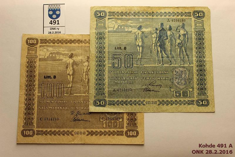 k-0491-a.jpg - Kohde 491, lhthinta: 8 € / myyntihinta: 9 € 100 mk 1939 LD 50+100 mk SNY 168.2, 179.2 A..RAN-Wah, C..KIV-Wah prep, kunto: 3, 4