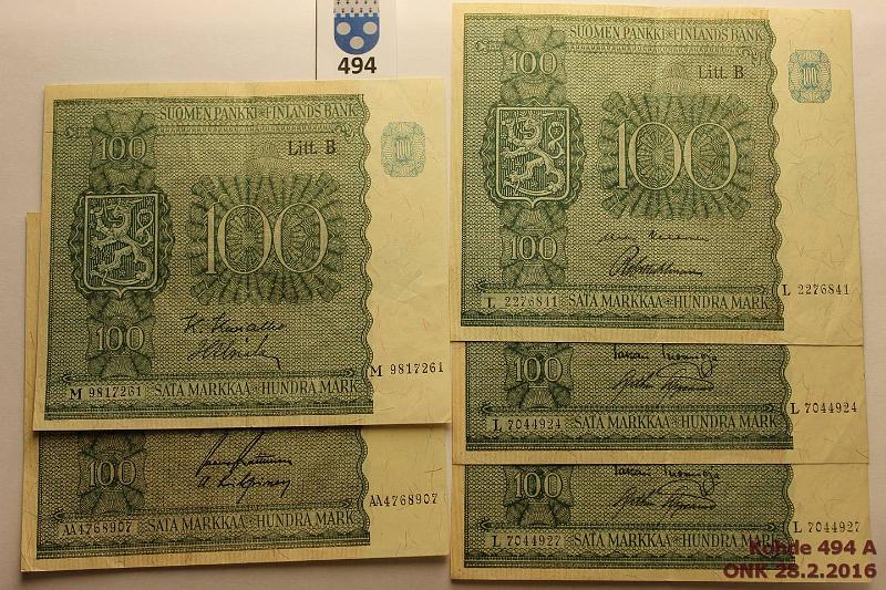 k-0494-a.jpg - Kohde 494, lhthinta: 20 € / myyntihinta: 38 € 100 mk 1945 LB (5) SNY 180.2 L..TUO-AAs(2), KEK-Wah, M..KIV-Als, AA..RAI-Kil tahra, kunto: 4-6